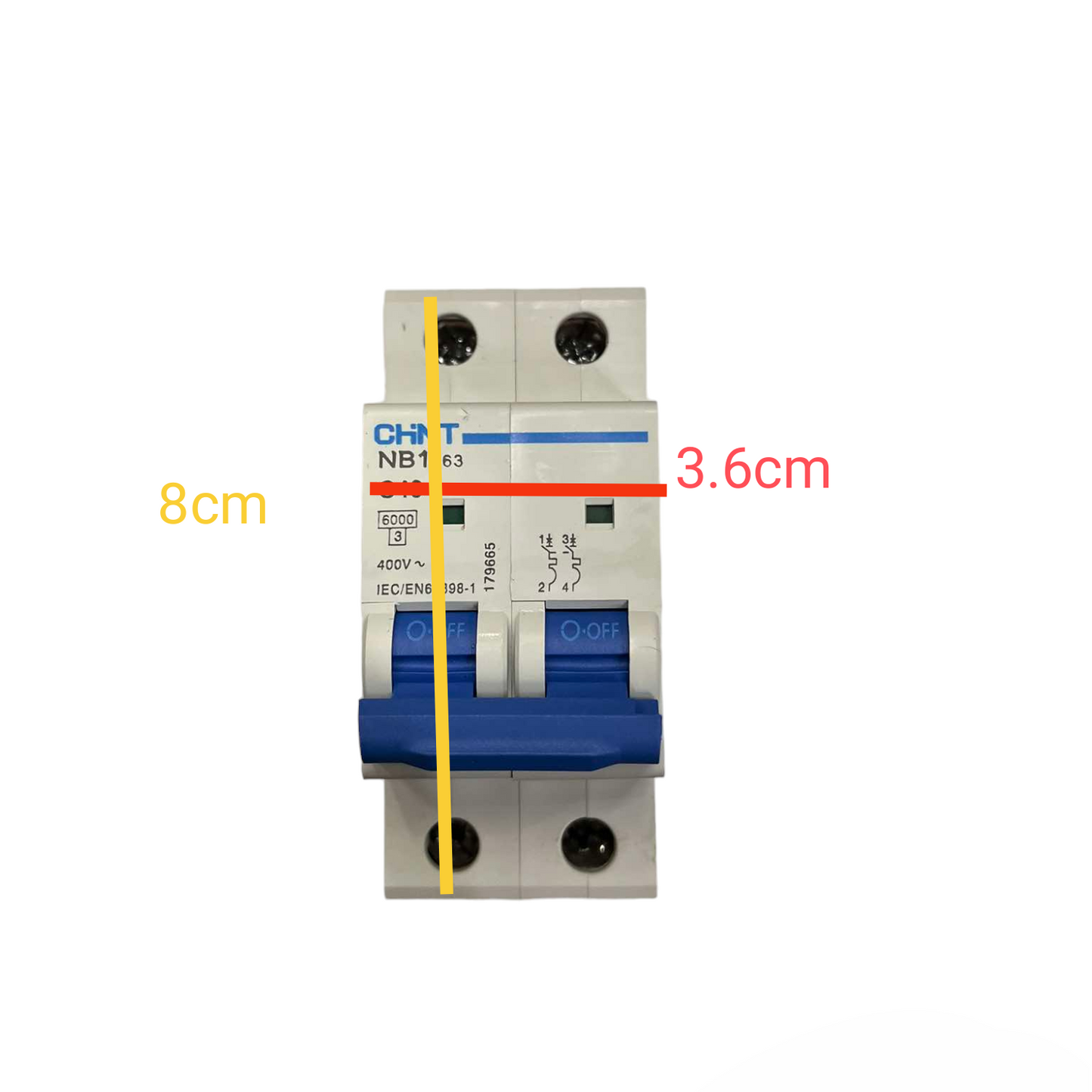 Circuit breaker with dimensions labeled on a white background