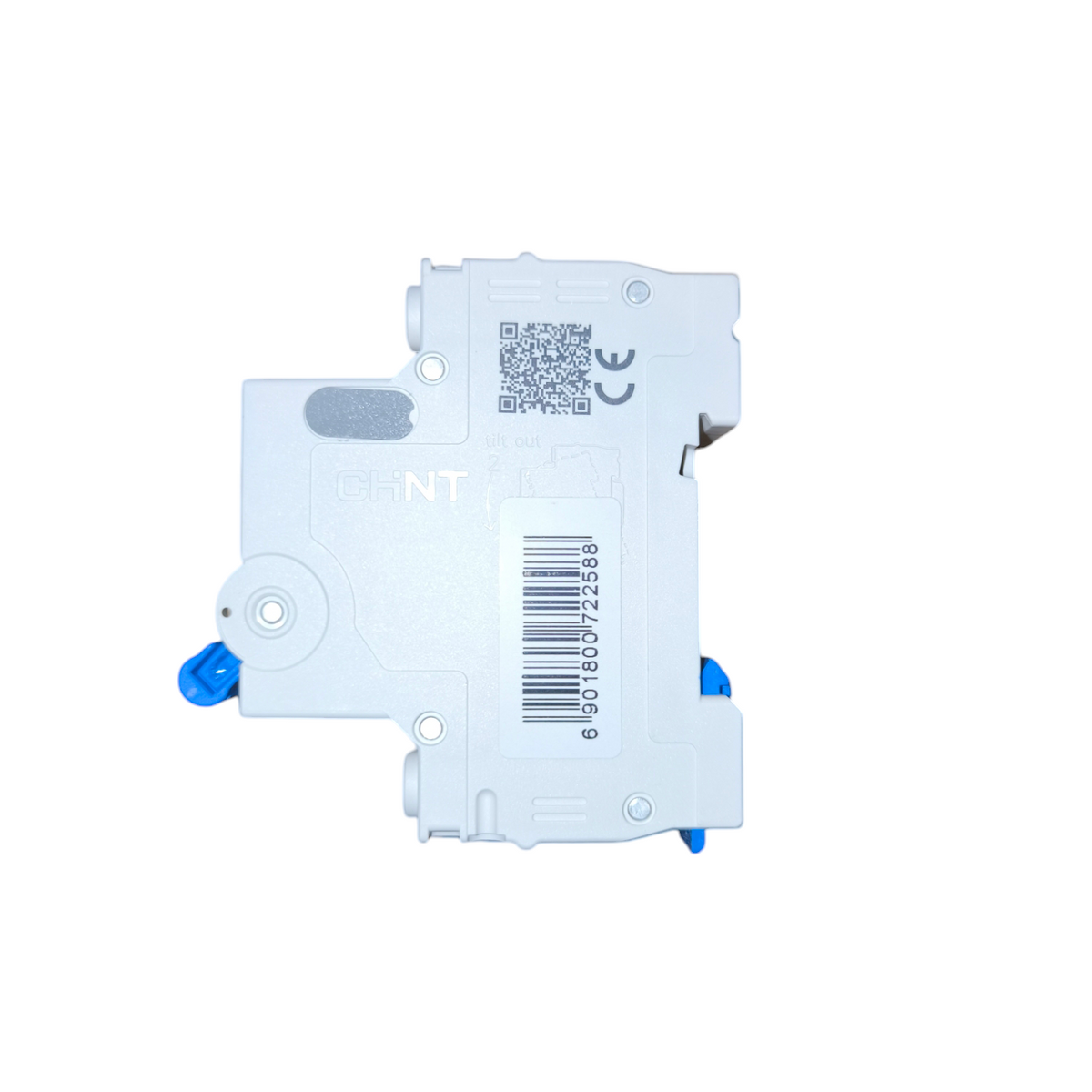 Label printer cartridge with blue labels on a white background