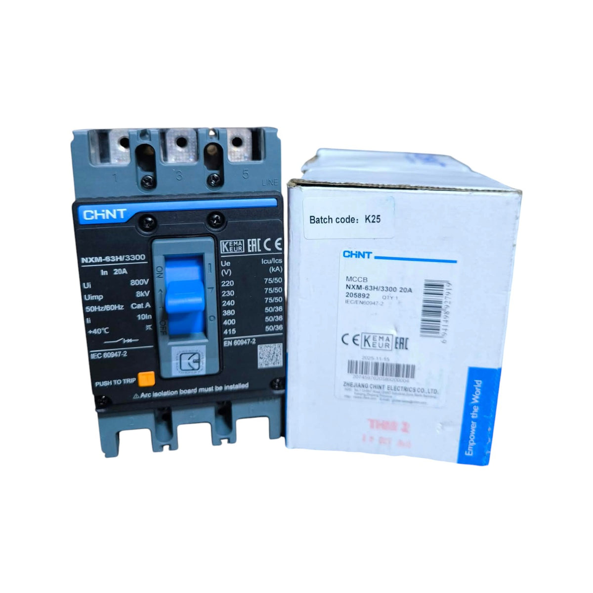 A blue and black CHNT circuit breaker shown next to its white product box on a plain white background.