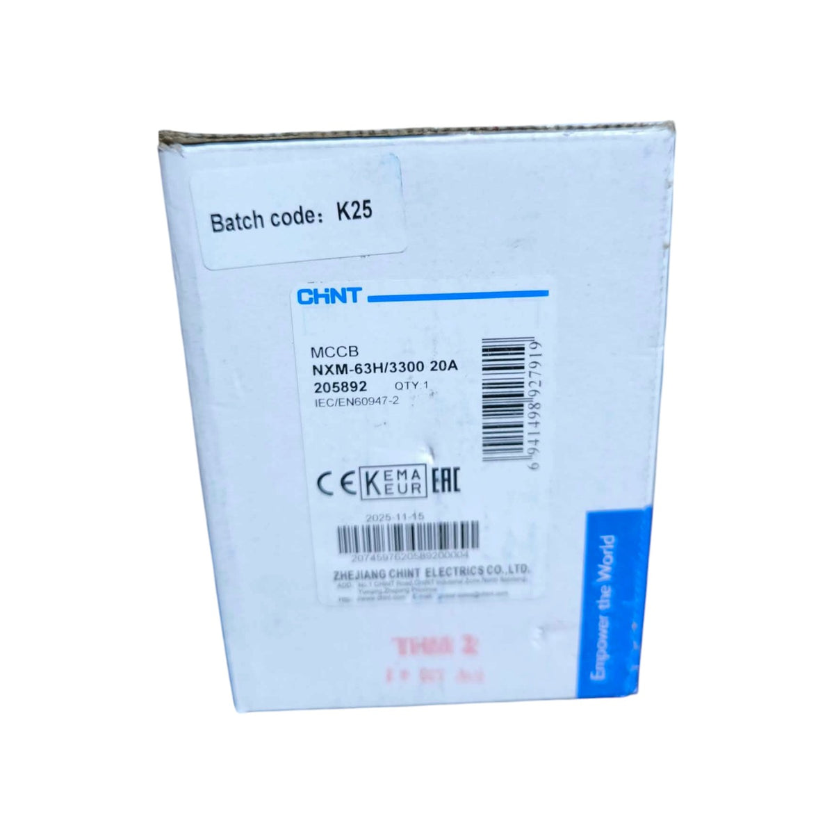 A white cardboard box for a CHNT MCC03 NMX-63H/3300 20A electrical component, showing product details, barcodes, and certification logos on a white background.