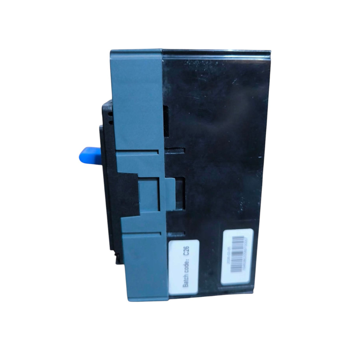 A dark gray and black electrical component or module with a small blue lever on the left side, shown against a plain white background.