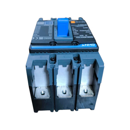 A CHNT brand three-pole circuit breaker with a blue handle and dark gray plastic housing, shown against a plain white background.