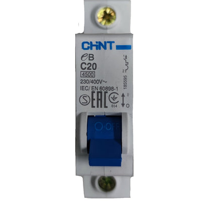 Electrical circuit breaker with CHINT branding on a white background