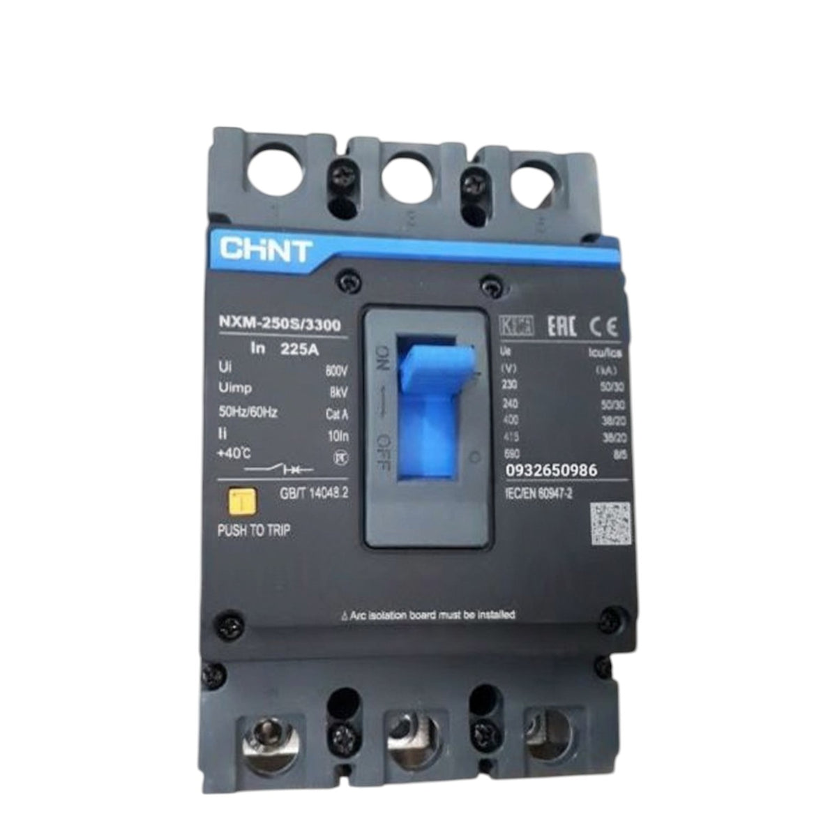 A CHINT NXM-250B/3200 AC isolation module with a dark gray plastic housing, blue accents, and a central blue switch, shown on a white background.