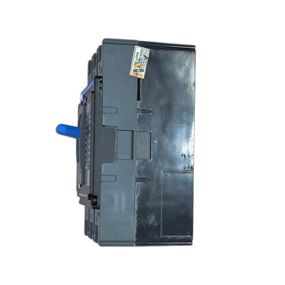 A dark gray industrial electrical contactor or relay component with a blue handle, shown from a side profile view on a white background.