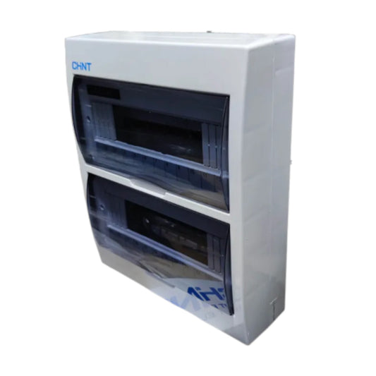 A white CHNT double electrical distribution board enclosure with two dark gray plastic front doors, shown on a plain white background.