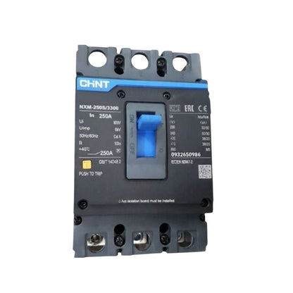 CHNT NNXM-250E/2300 AC contactor with a blue switch handle, black plastic housing, and silver terminal connections, shown on a white background.