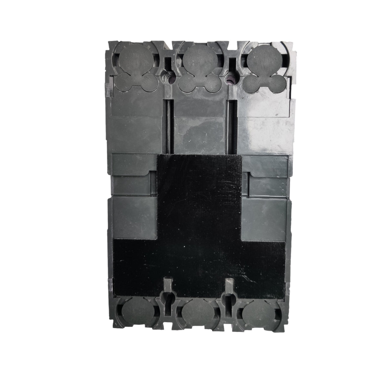 A black molded plastic electrical component or terminal block assembly, photographed from the front against a plain white background.