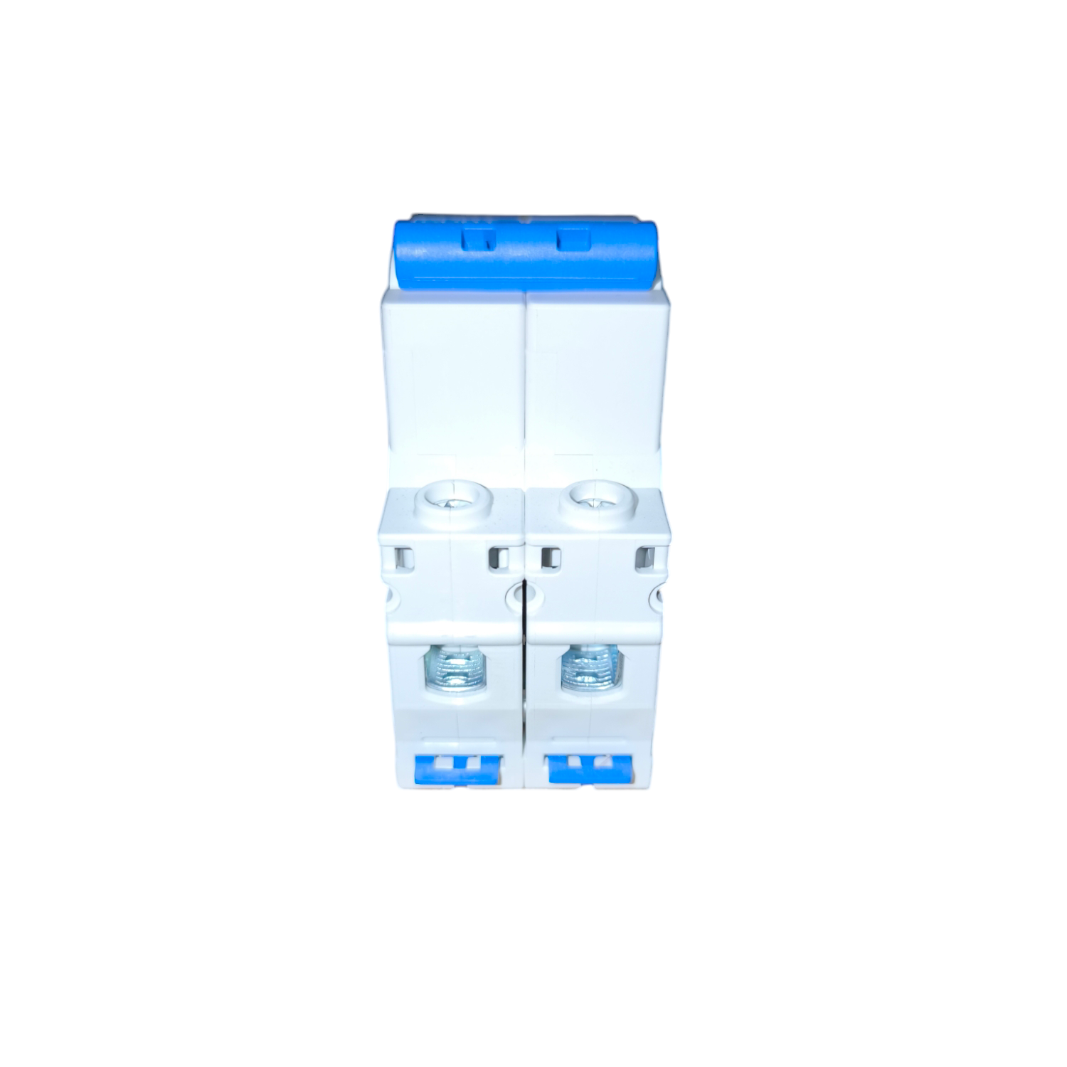 Clear plastic container with blue lid on a white background