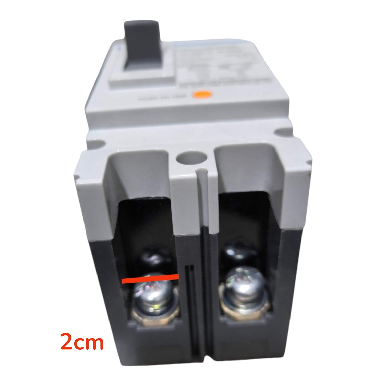 A two-pole electrical circuit breaker with a gray top housing and black lower housing, featuring two terminal posts. A red horizontal line highlights the width of the breaker body, with a red '2cm' text overlay indicating the dimension.