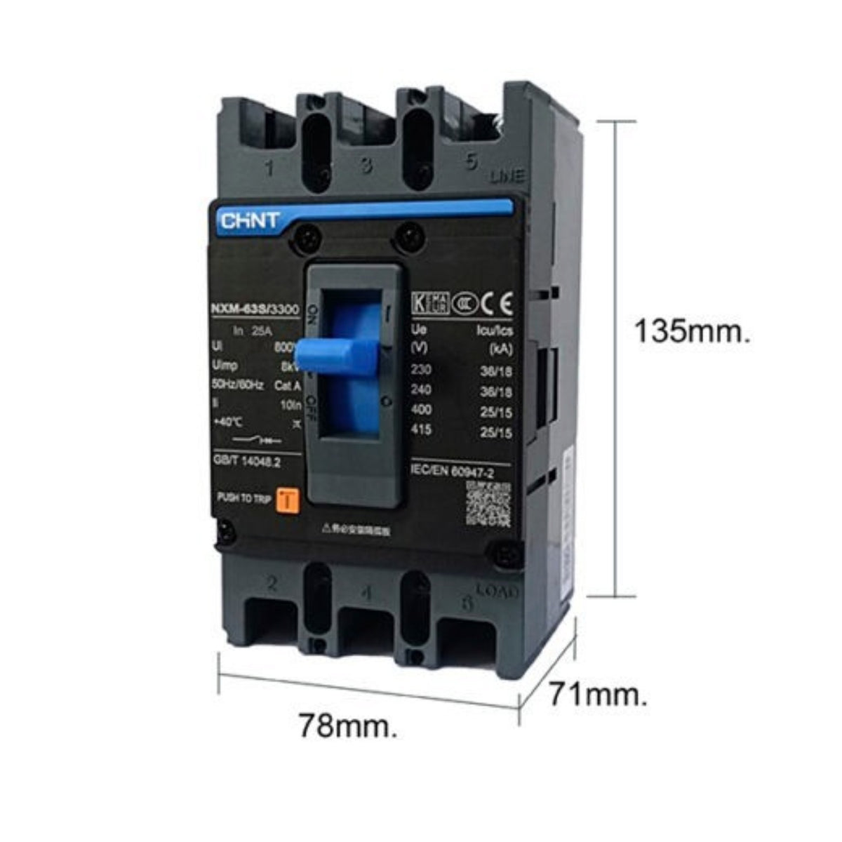 A CHNT electrical contactor shown on a white background with dimension annotations indicating 135mm height, 78mm width, and 71mm depth.