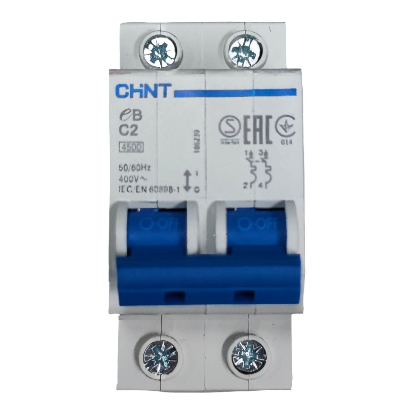 Electrical circuit breaker with CHINT branding on a white background