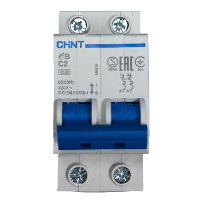 Electrical circuit breaker with CHINT branding on a white background
