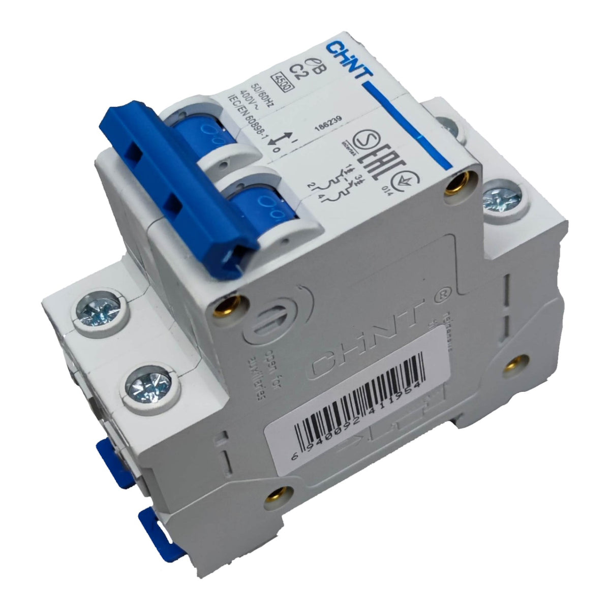 Electrical circuit breaker with blue handles on a white background