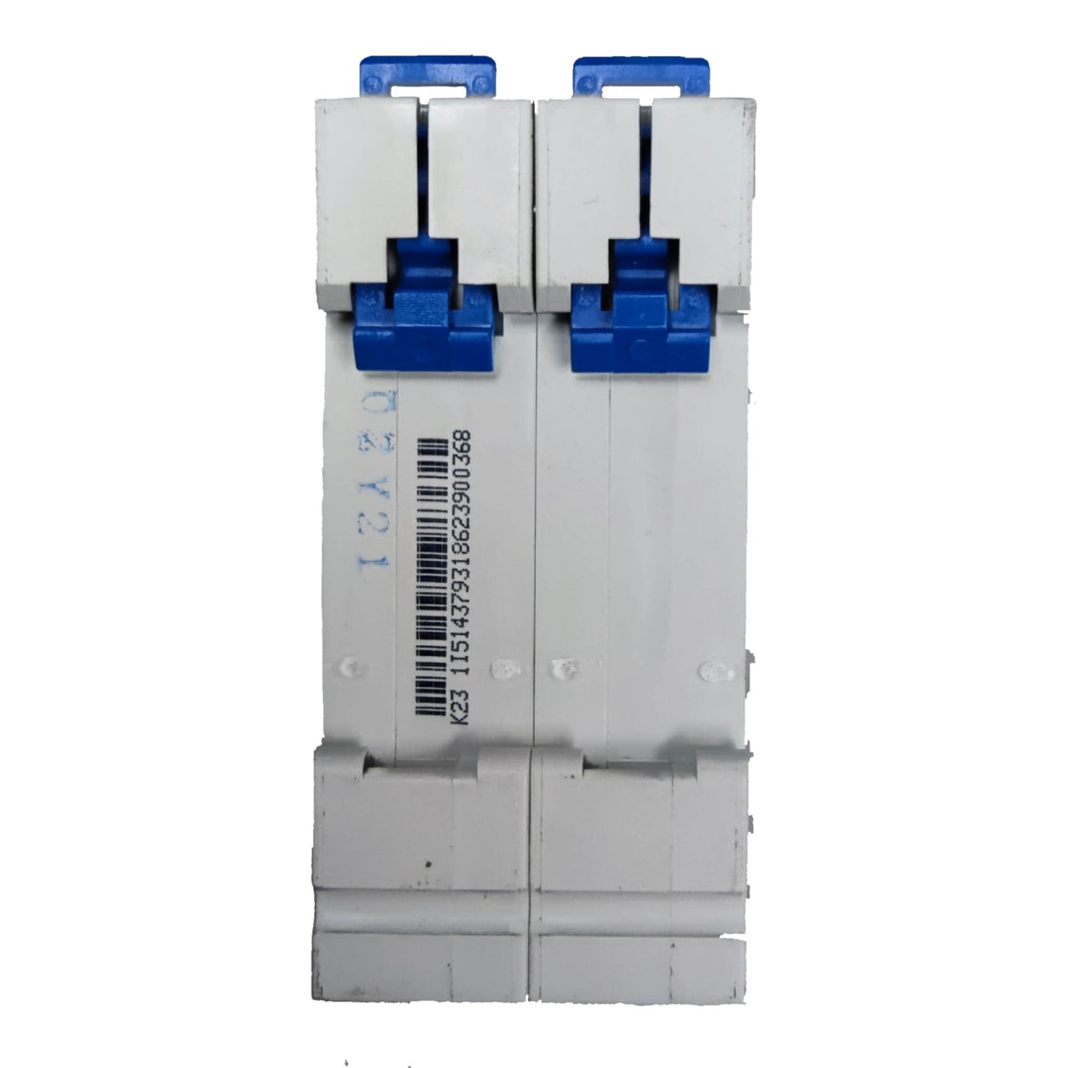 Two gray electrical circuit breakers with blue handles on a white background