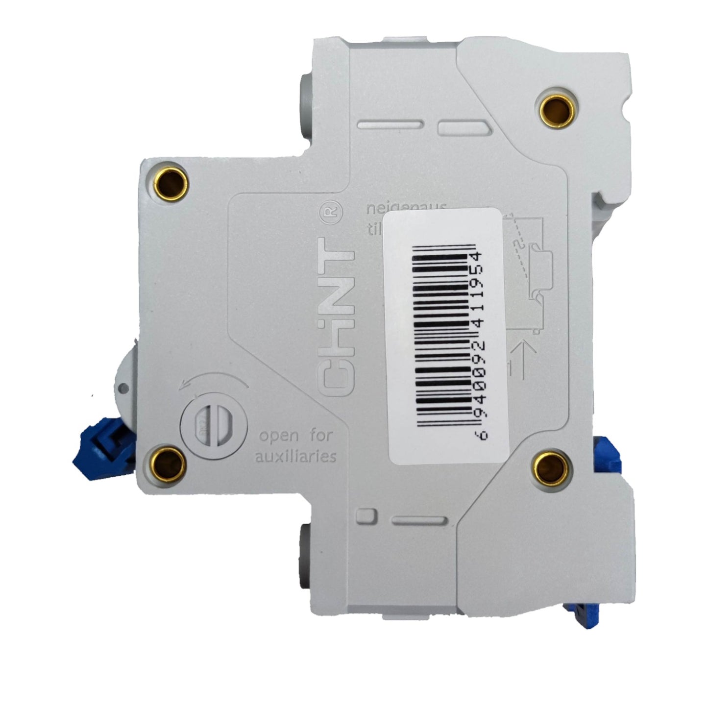 Electrical switchgear component with barcode label on a white background