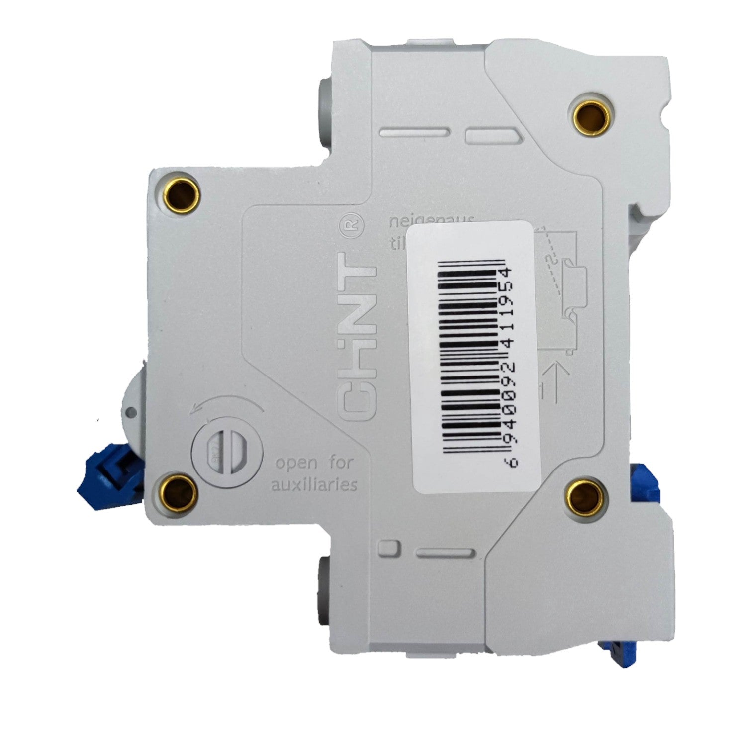 Electrical switchgear component with barcode label on a white background