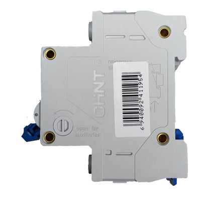 Electrical switchgear component with barcode label on a white background