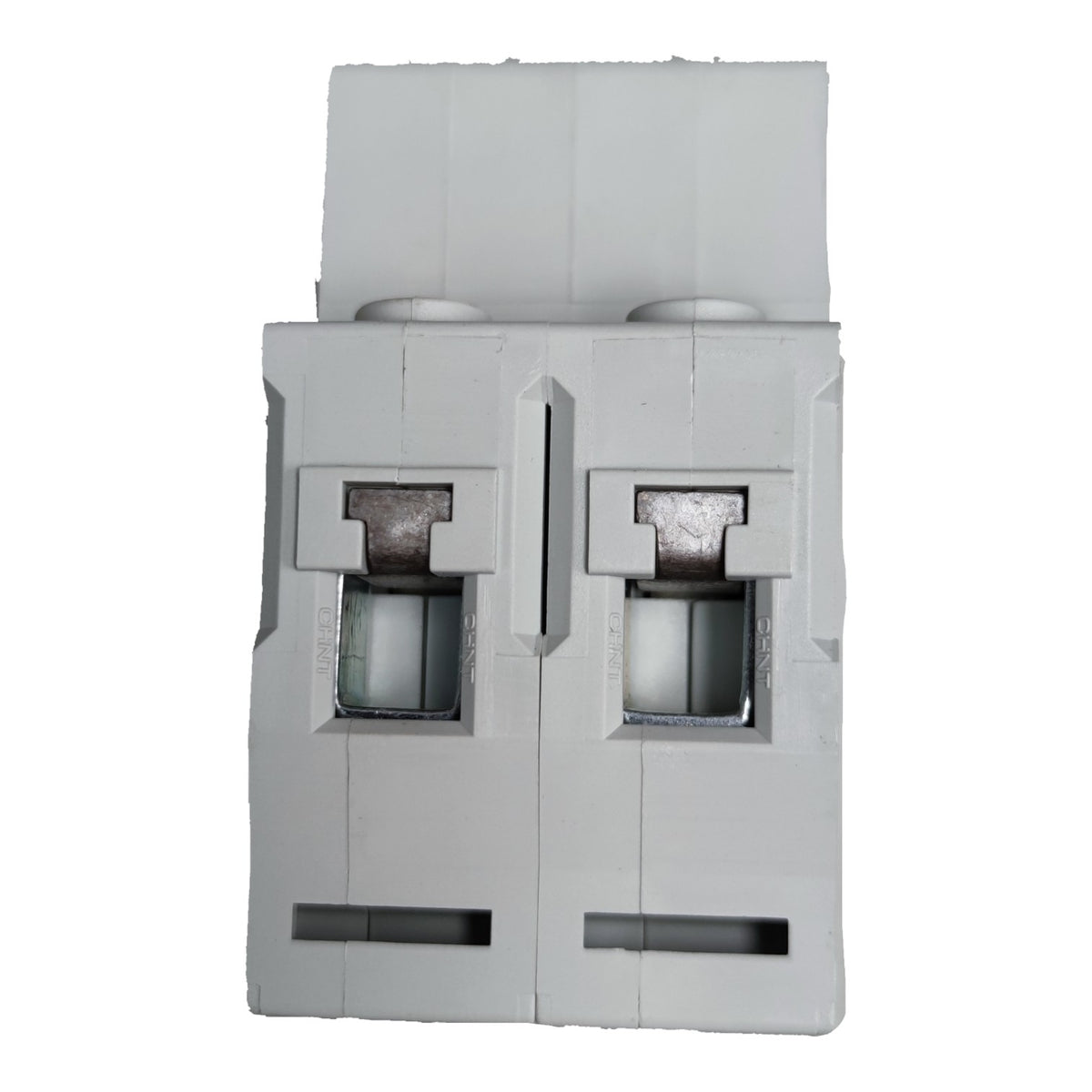 Gray plastic component with multiple slots and openings on a white background