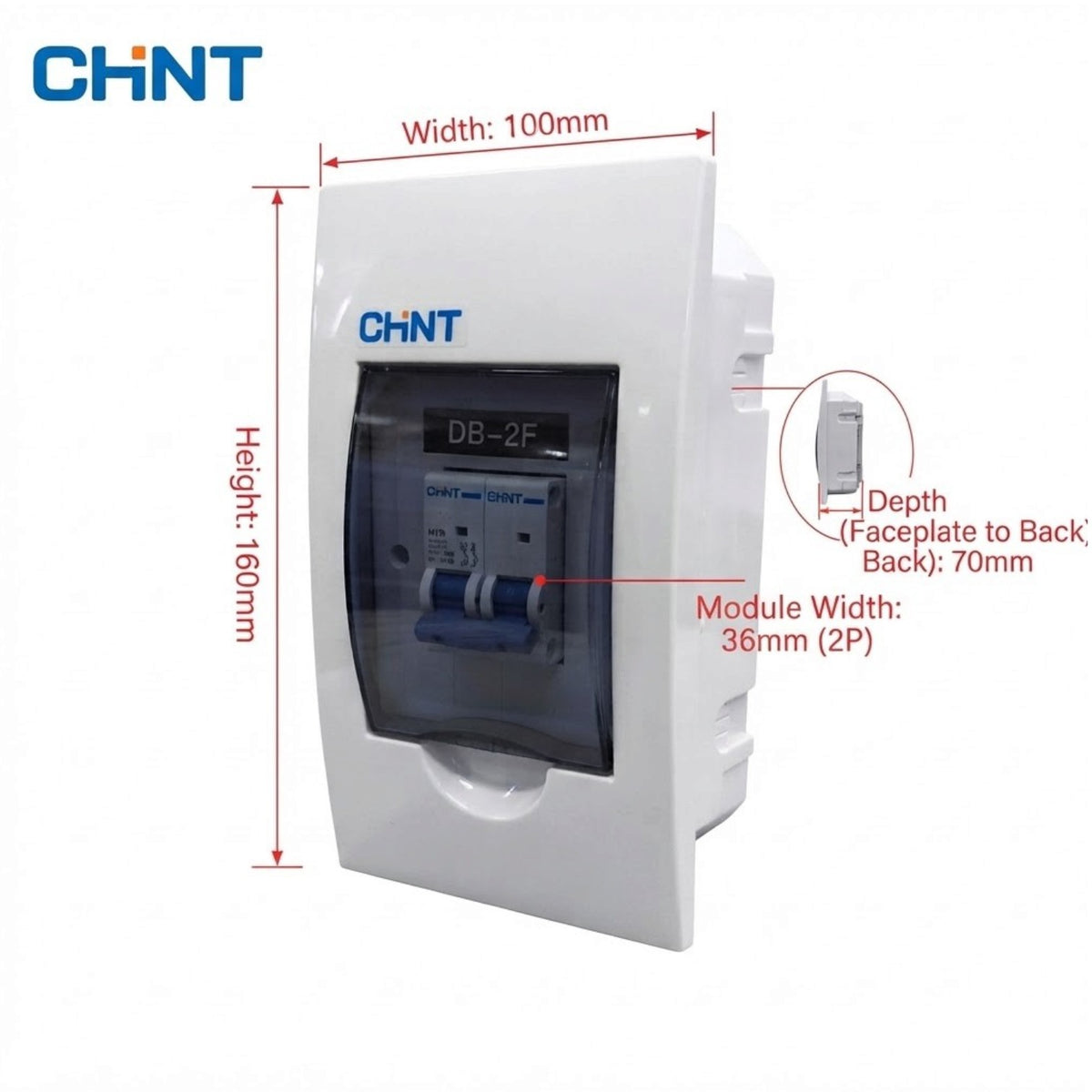 White CHNT DB-2F modular electrical meter with dimension annotations showing height 160mm, width 100mm, depth 70mm, and module width 36mm on a white background.