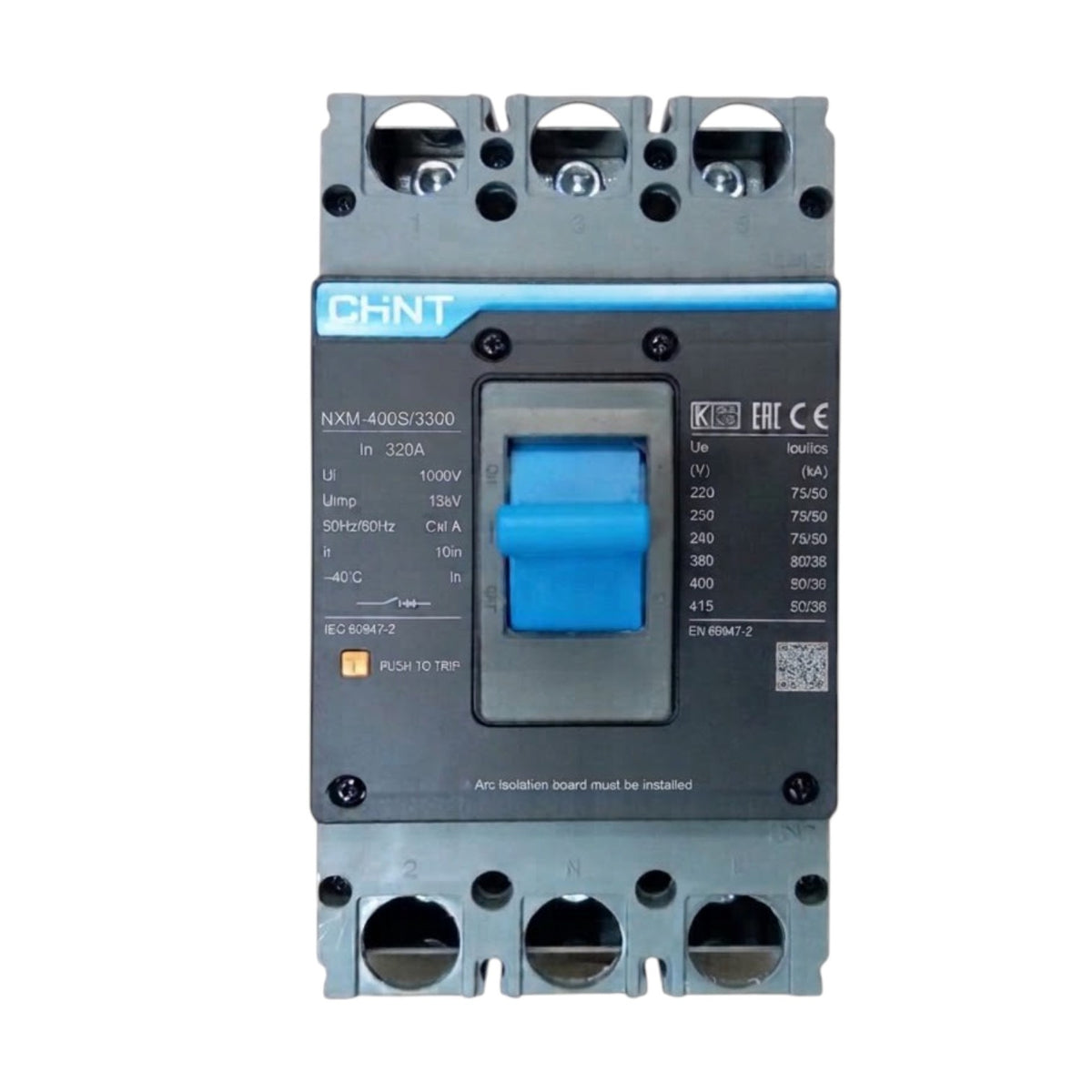 A CHNT brand industrial circuit breaker with a silver metal housing, a black front faceplate, and a blue handle, shown on a plain white background.