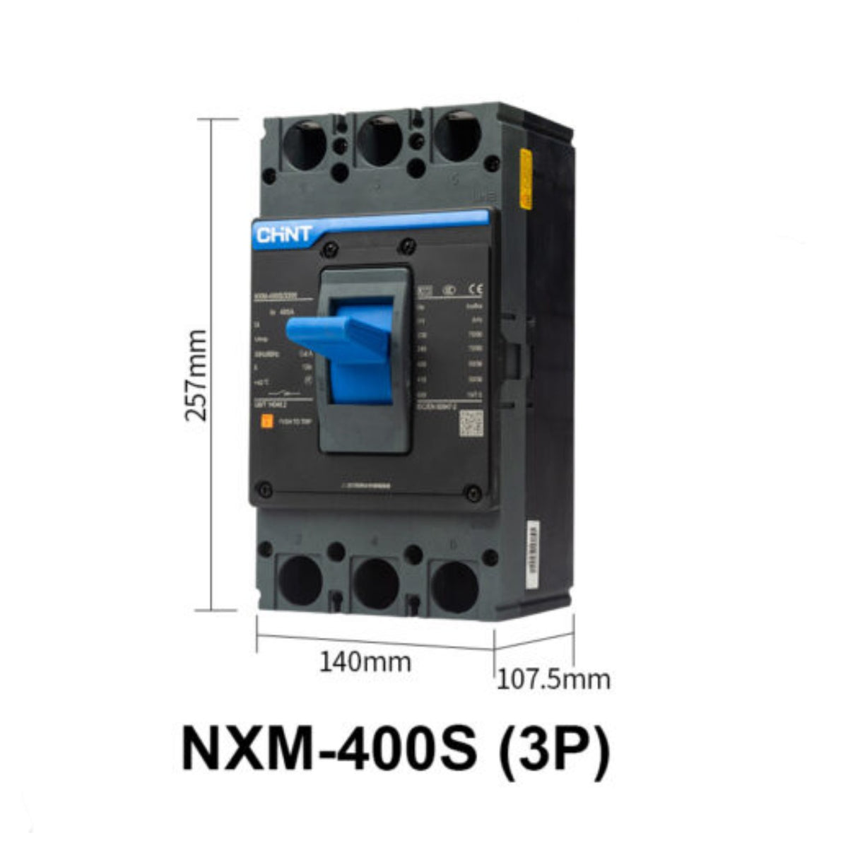 A black and gray CHNT NXM-400S (3P) circuit breaker with a blue switch handle, shown with dimension markings of 257mm height, 140mm width, and 107.5mm depth on a white background.
