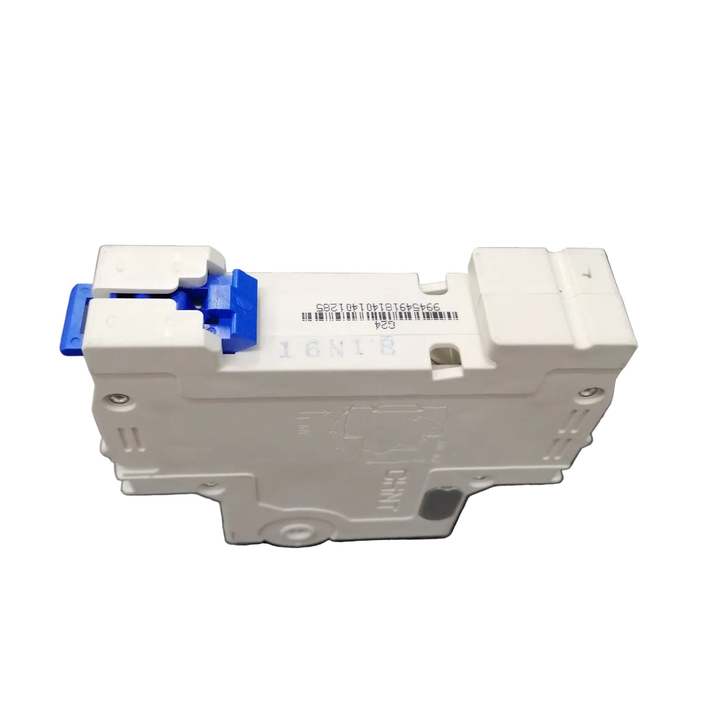 White electronic component with blue connector on a white background