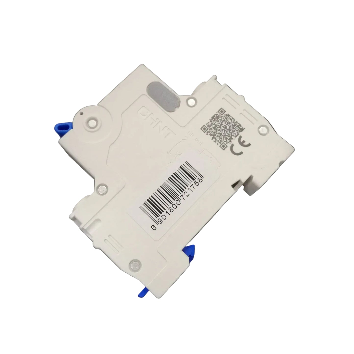 White electronic component with barcode and QR code on a white background