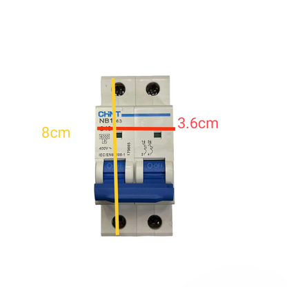 Circuit breaker with dimensions labeled on a white background