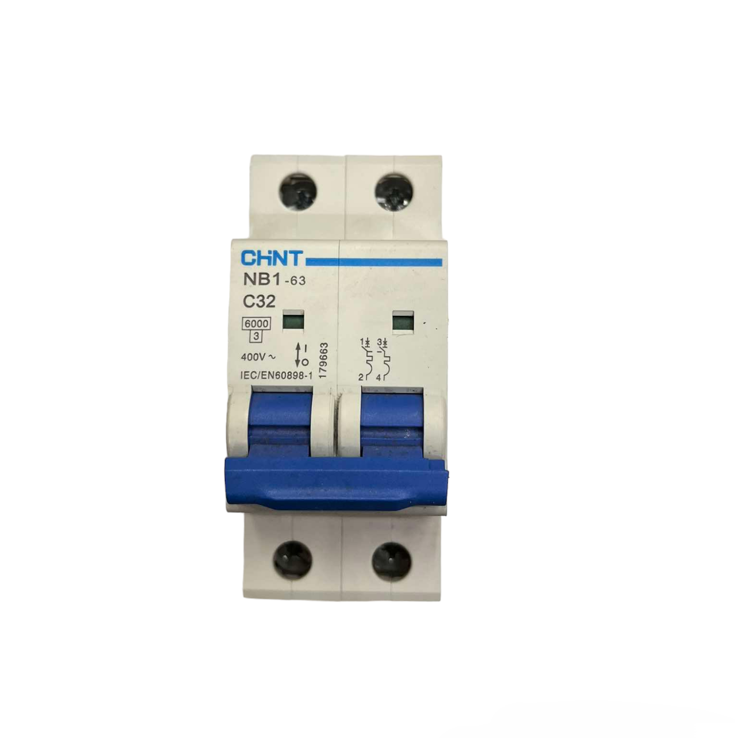 Electrical circuit breaker with CHINT branding on a white background