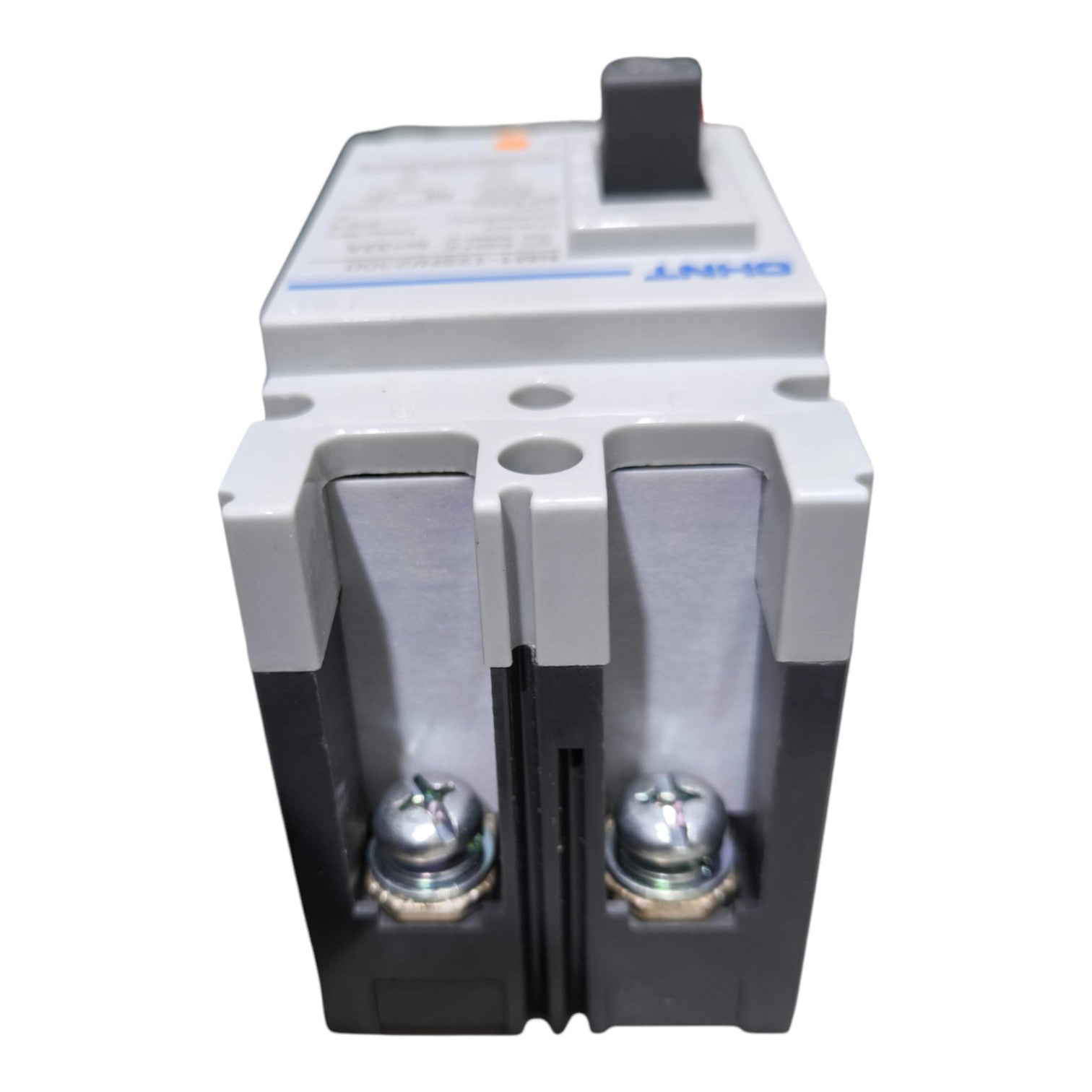 A CHINT brand electrical circuit breaker with a gray top housing, black lower housing, and silver metal terminal screws, shown on a plain white background.