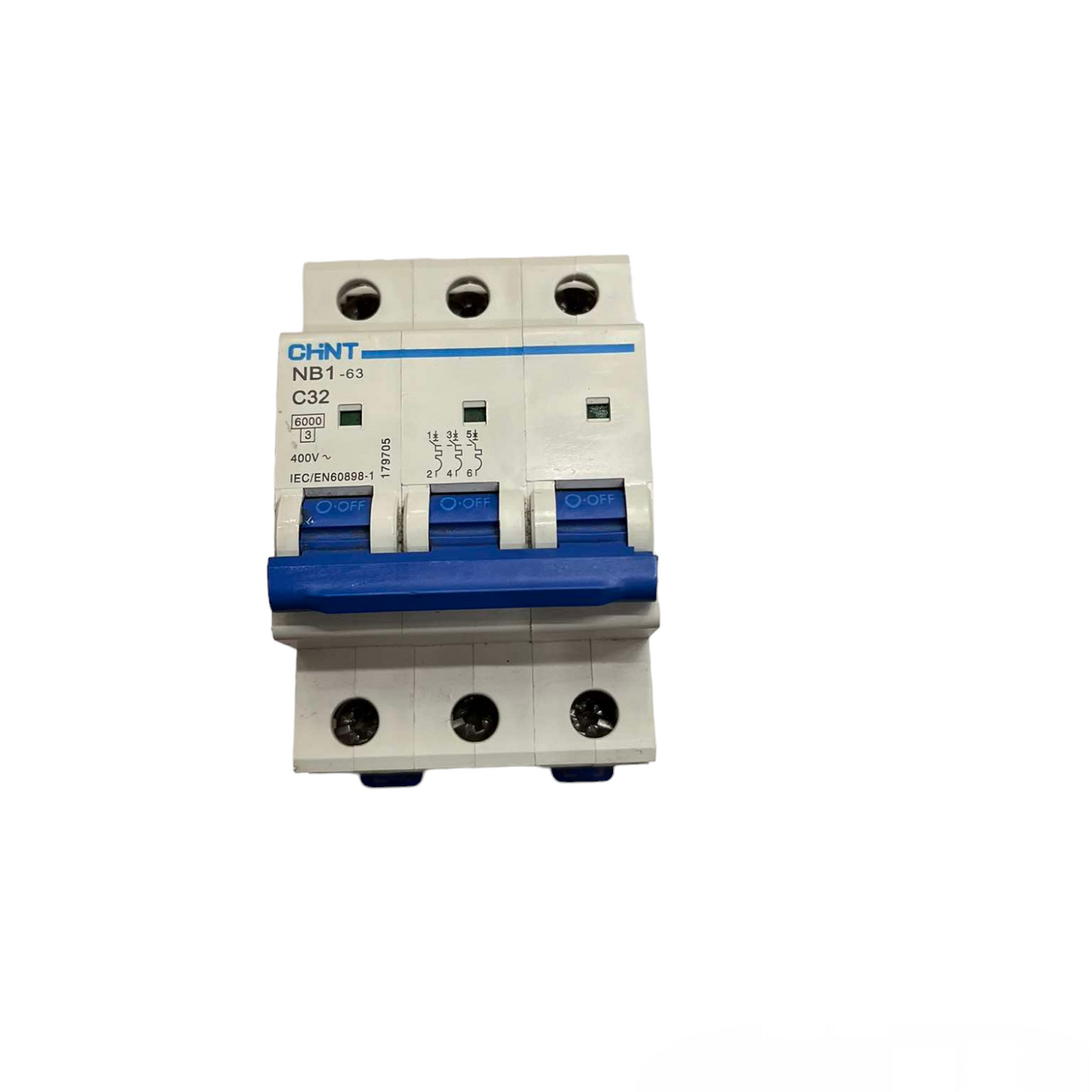 Circuit breaker with blue and black accents on a white background