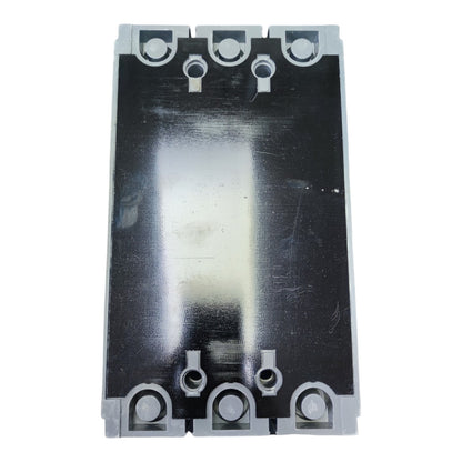 A heavy-duty black metal electrical terminal block with silver-gray plastic end caps and mounting holes, shown against a plain white background.