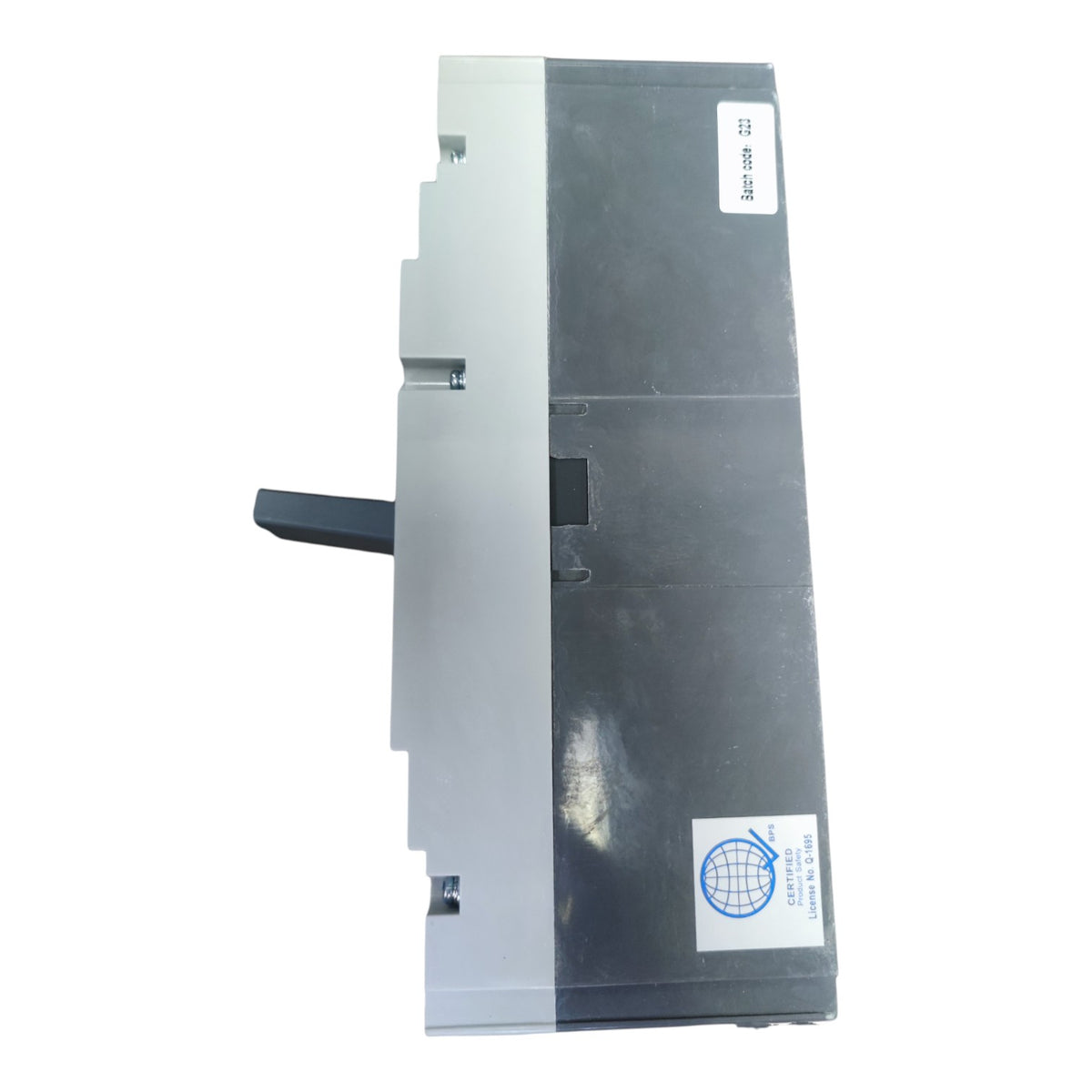 A heavy-duty industrial electrical component, likely a circuit breaker or terminal block, featuring a dark gray plastic housing, a silver metal side plate, and a black handle, shown against a plain white background.
