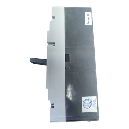 A heavy-duty industrial electrical component, likely a circuit breaker or terminal block, featuring a dark gray plastic housing, a silver metal side plate, and a black handle, shown against a plain white background.