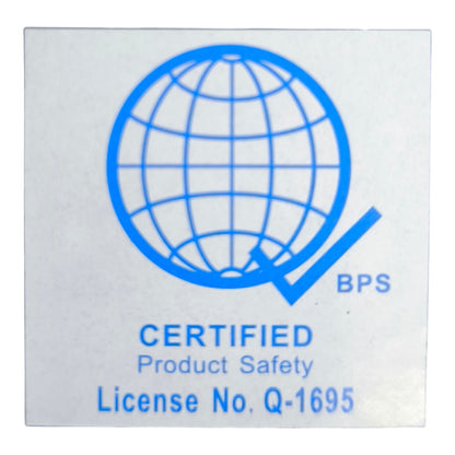 A square white sticker or label featuring a blue globe graphic, a checkmark, and the text 'CERTIFIED Product Safety' and 'License No. Q-1695' with 'BPS' printed to the right of the globe.