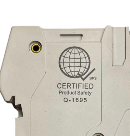 Product safety certification label on a white background
