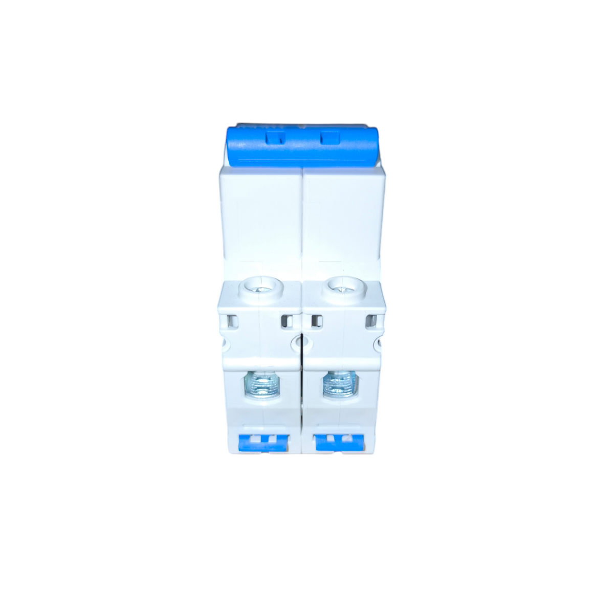 Clear plastic container with blue lid on a white background