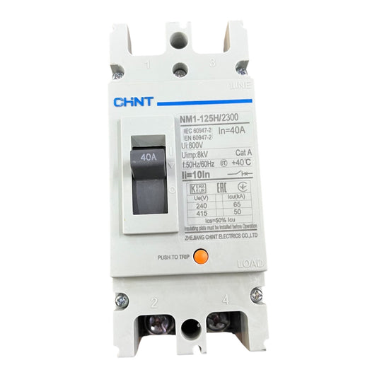 A CHNT NM1-125H/2300 circuit breaker with a 40A switch, featuring a white plastic housing, blue brand logo, and technical specifications printed on the front, set against a plain white background.