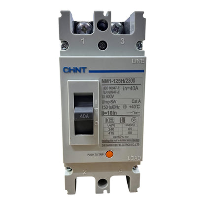 A CHINT NM1-125H/2300 circuit breaker with a 40A switch, featuring a gray plastic housing, terminal markings 1-3 on top and 4-2 on the bottom, and a white printed specification label.
