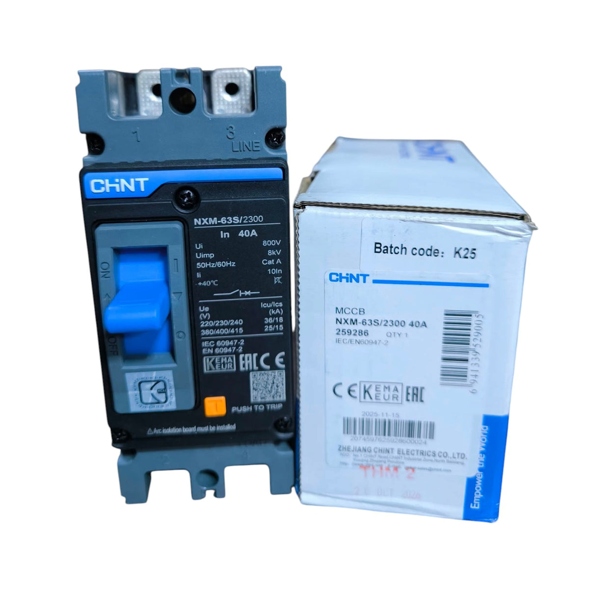 A CHINT NMX-63S/2300 40A electrical contactor next to its original white and blue cardboard packaging box, shown on a plain white background.
