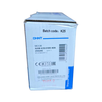 A white cardboard box for a CHNT MCCB electrical component, labeled with 'Batch code: K25' and product details including 'MCCB NXM-63S/2300 40A'.