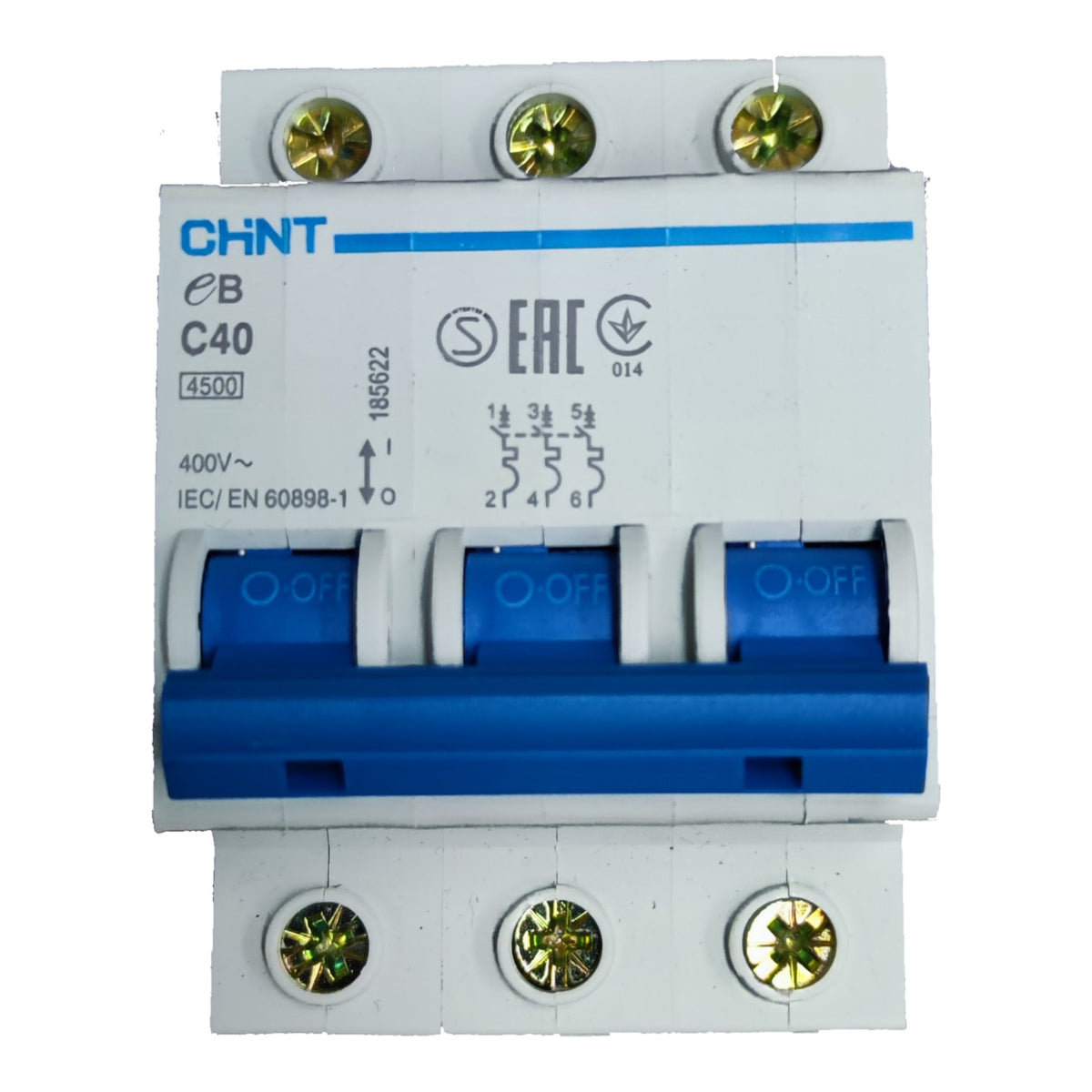 CHNT CB C40 4500 three-way modular electrical contactor with blue and white plastic components and gold-colored terminal screws.