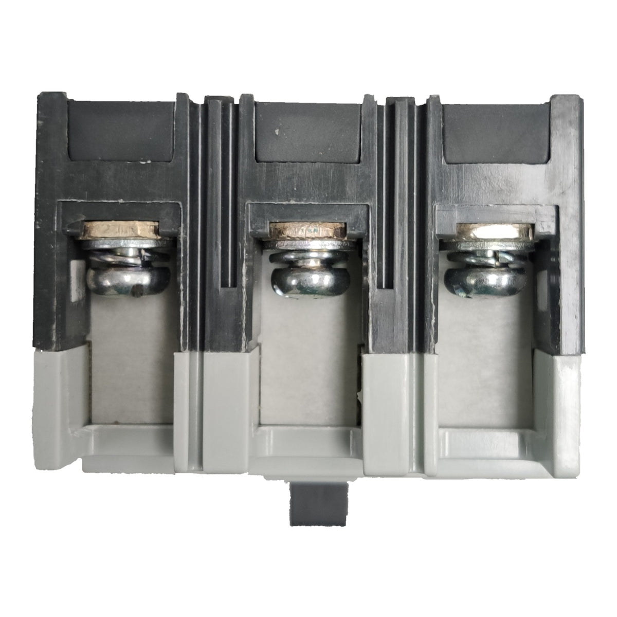 A three-terminal electrical terminal block connector with black and gray plastic housing and silver metal contacts, shown on a plain white background.
