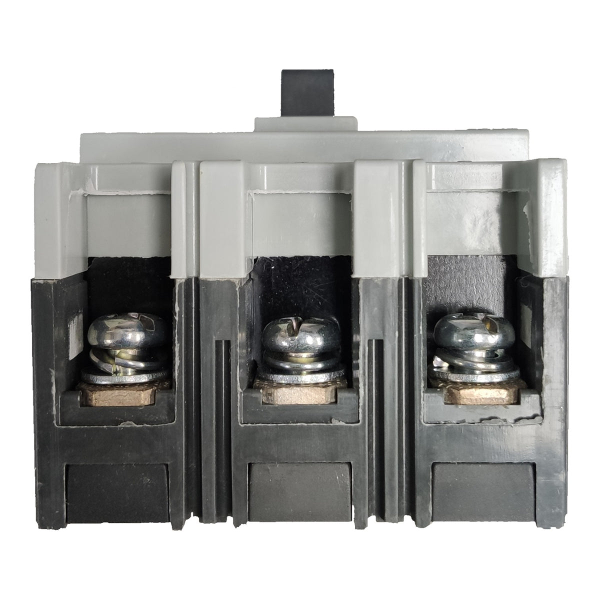 A three-terminal electrical contactor or relay component with gray plastic housing, black internal sections, and three silver metal screw terminals, shown against a plain white background.