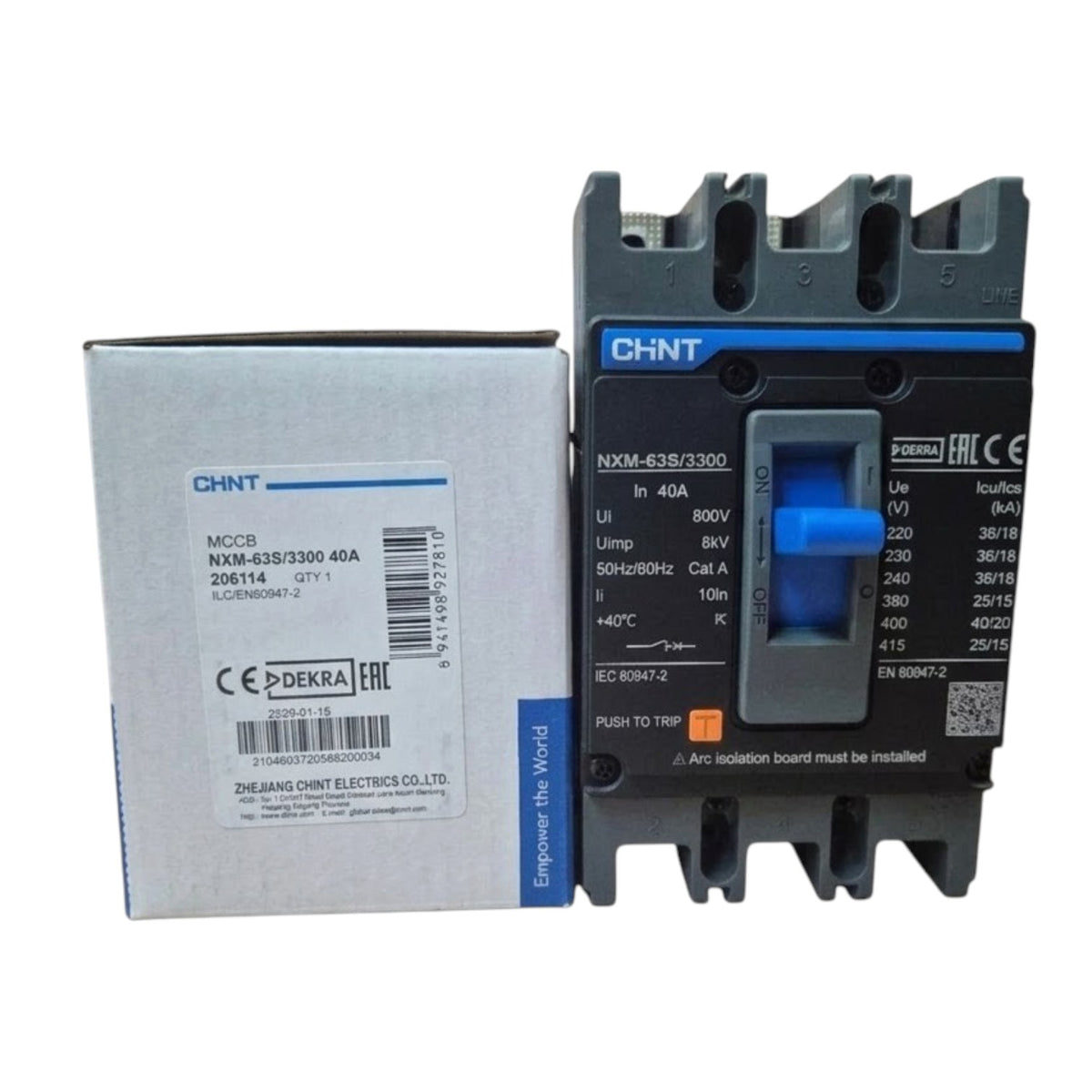 CHNT NXM-638/3300 electrical contactor next to its original gray packaging box, shown on a plain white background.