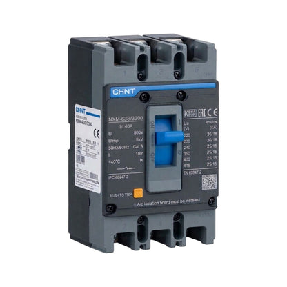 CHINT NNM-63S/3200 electrical contactor with a gray housing, blue switch handle, and white technical labels on a white background.