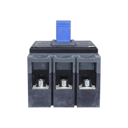 A three-terminal electrical fuse or circuit breaker component with a blue handle on top of a black and dark gray housing, shown against a plain white background.