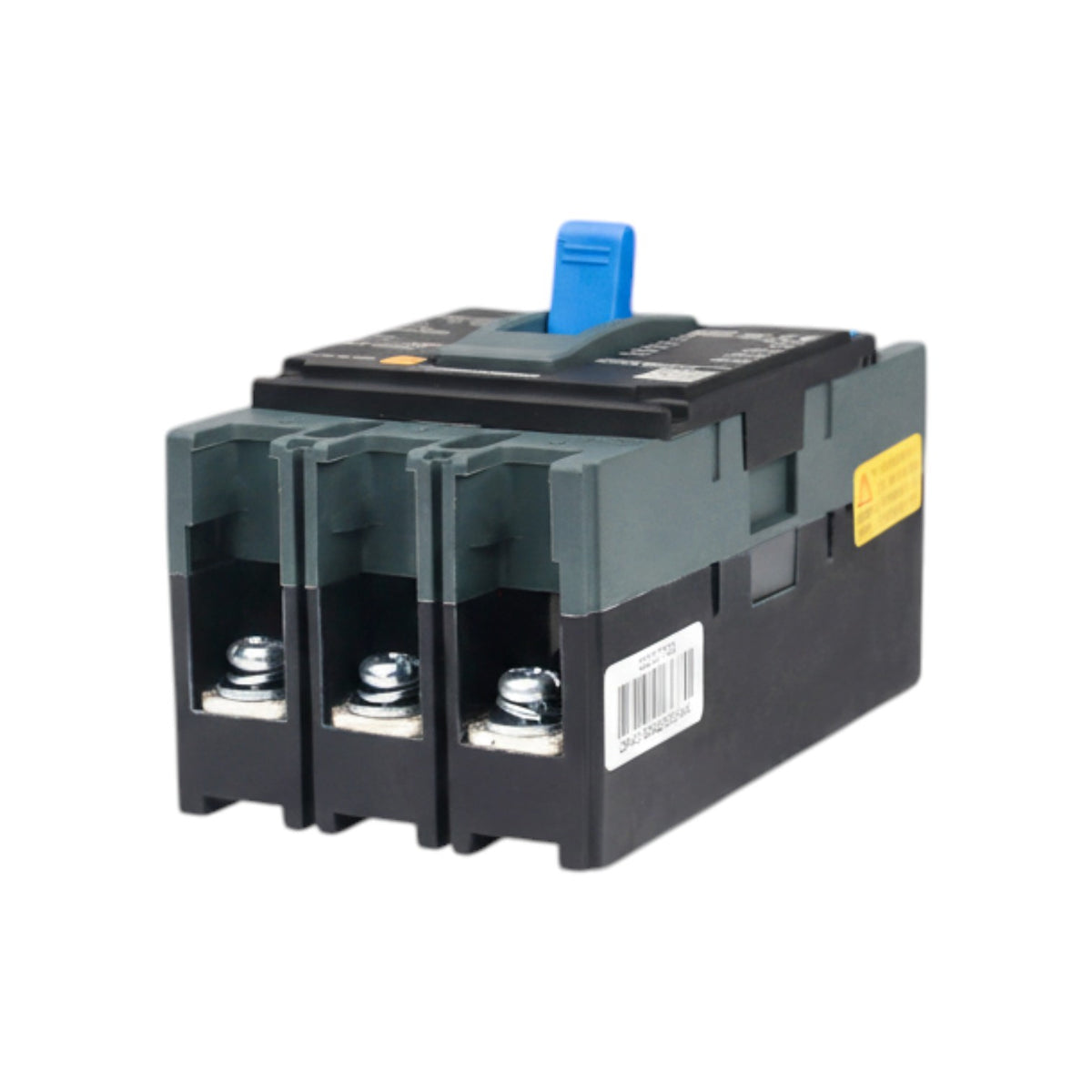 A three-pole electrical circuit breaker with a blue handle on top, featuring a dark gray and black plastic housing with metal terminal screws visible at the front, set against a plain white background.