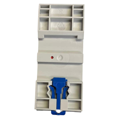 Gray plastic component with blue clip on a white background